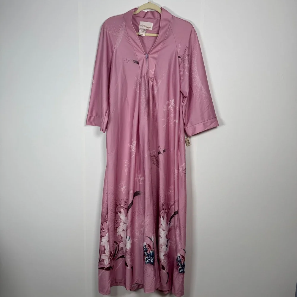 VTG TV Loungers Pink L Floral Zip Robe House Coat Dress 70s Hippie‎ Boho Kimono